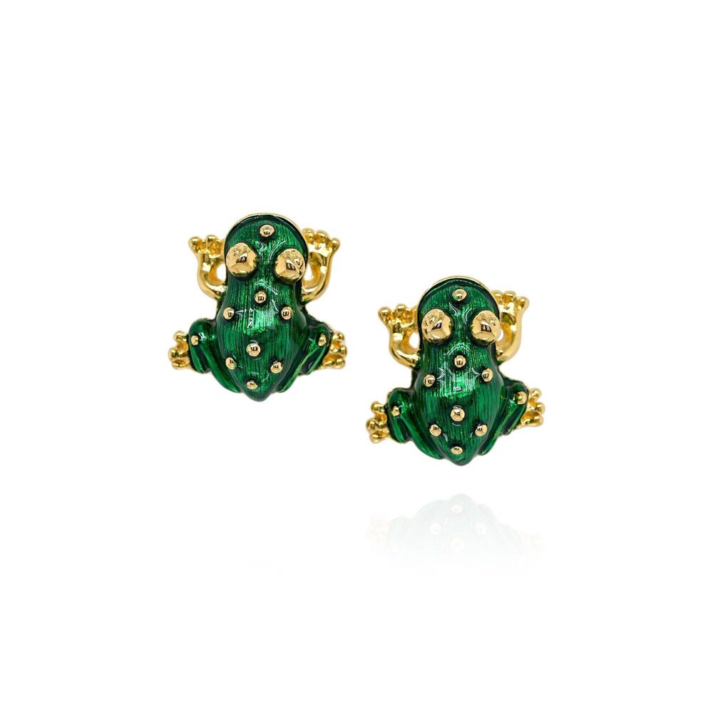 KJL Kenneth Jay Lane Green Enamel Frog Earrings | Gold Tone Designer Statement
